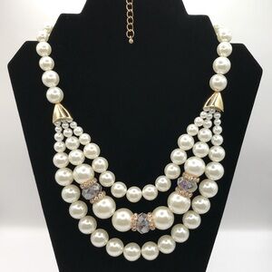 Elegant Tip,e Layer Faux Pearl Necklace with Gold-Tone Accents